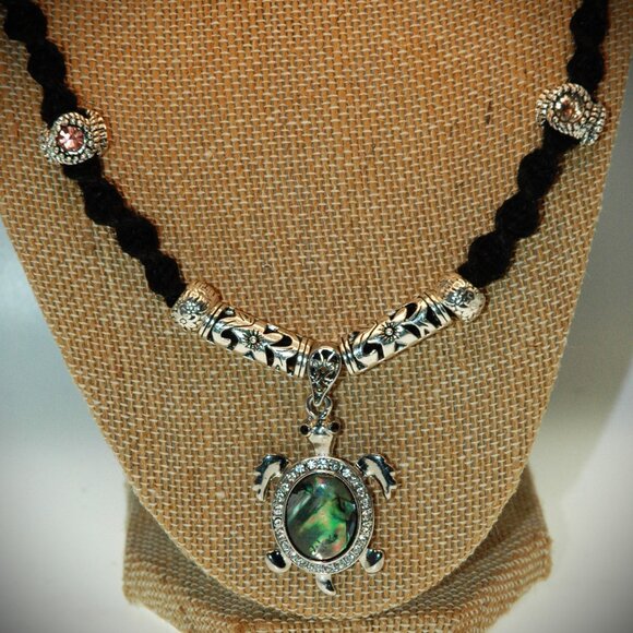 Adorable Abalone Sea Turtle with Rhinestone Accents on Handmade 23" Black Choker - Picture 1 of 5